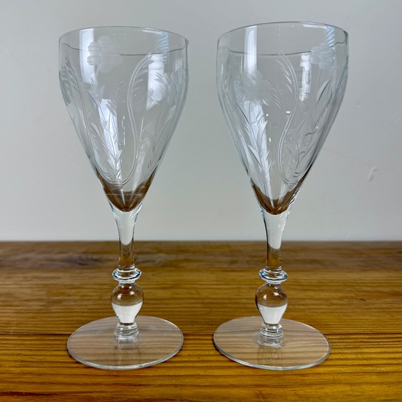 Vintage Etched Crystal Wine Glasses | Floral Cut Stemware | Set of 2 - Picture 5 of 11